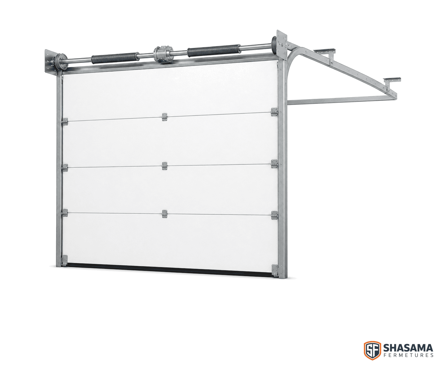 Porte sectionnelle industrielle fermée en panneaux sandwich blancs, vue trois quarts avec rails de levée, arbre de torsion et ressorts