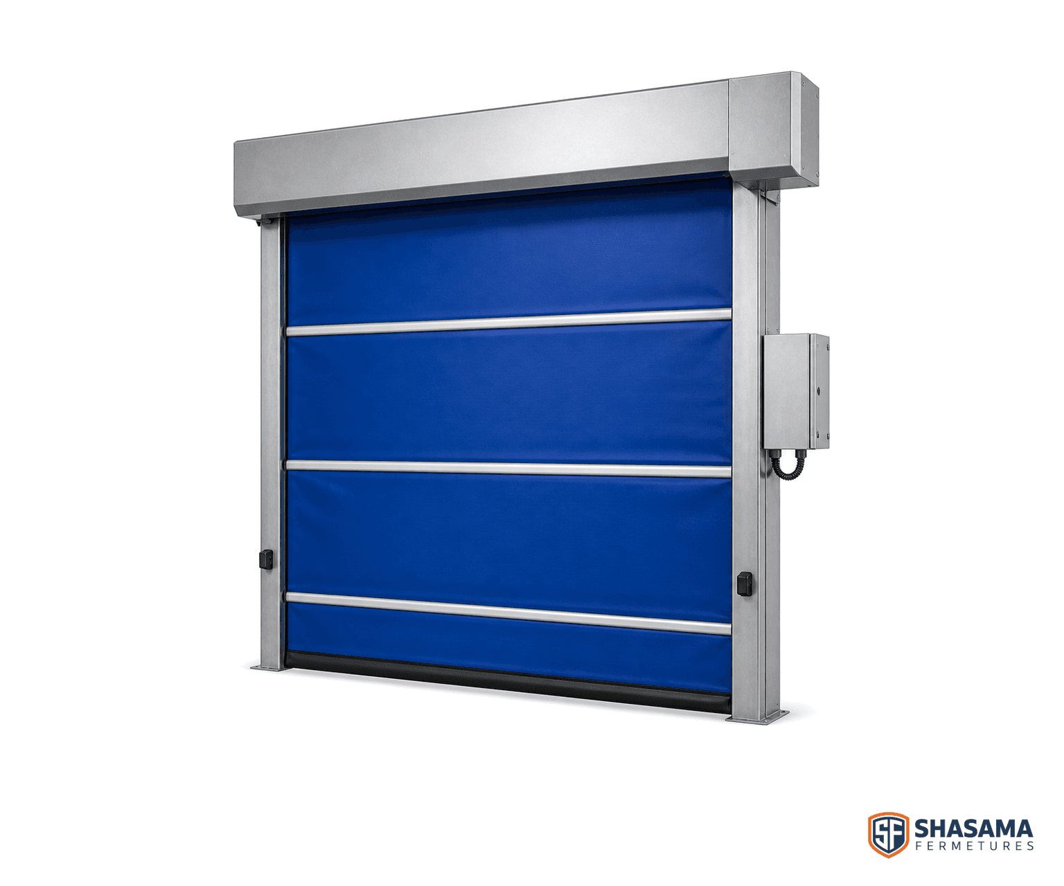 Porte souple rapide industrielle à tablier PVC bleu sur cadre autoportant, avec caisson supérieur et coffret de commande