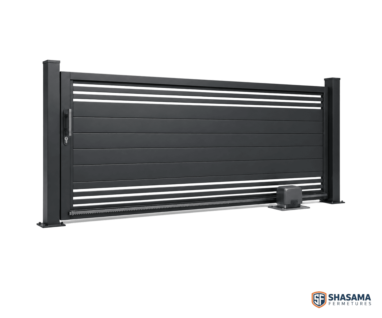 Portail résidentiel coulissant en aluminium anthracite avec crémaillère et opérateur moteur