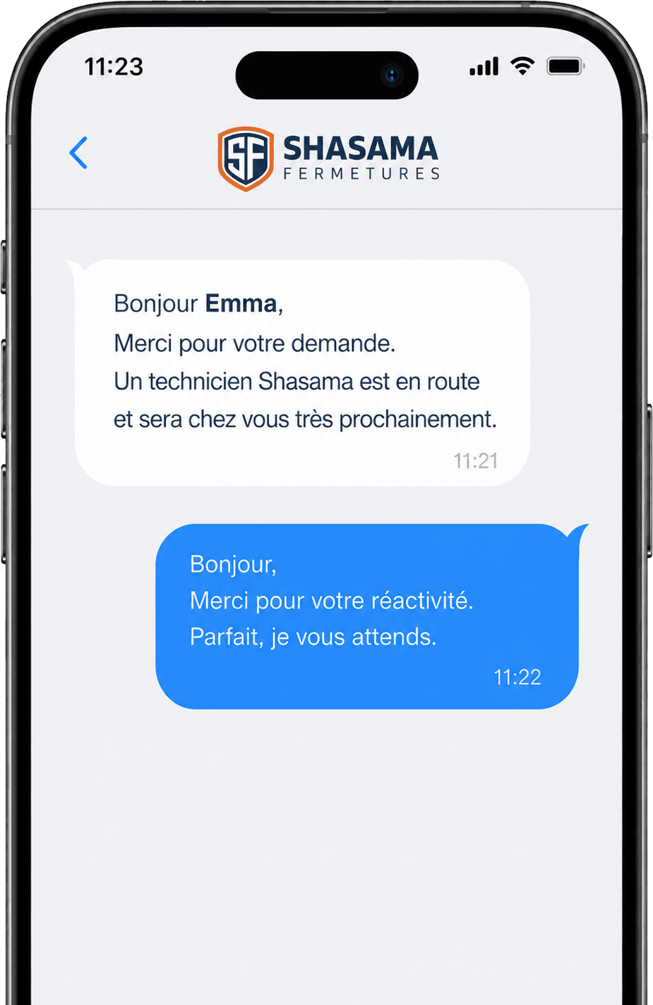 Confirmation par SMS : un technicien Shasama est en route
